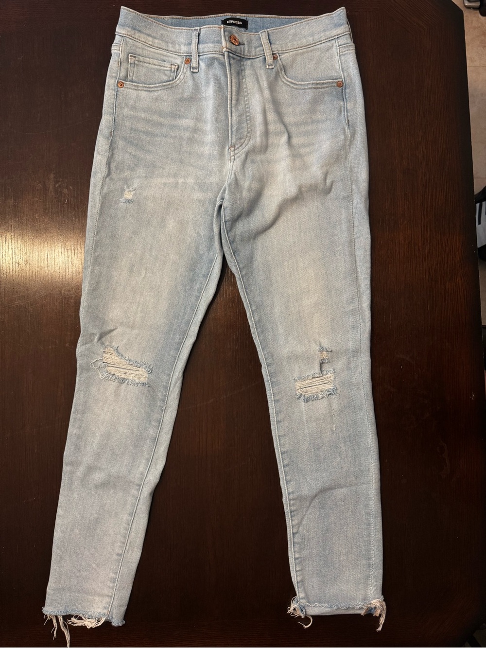 Express Mid Rise Light Wash Skinny Jeans with Distress